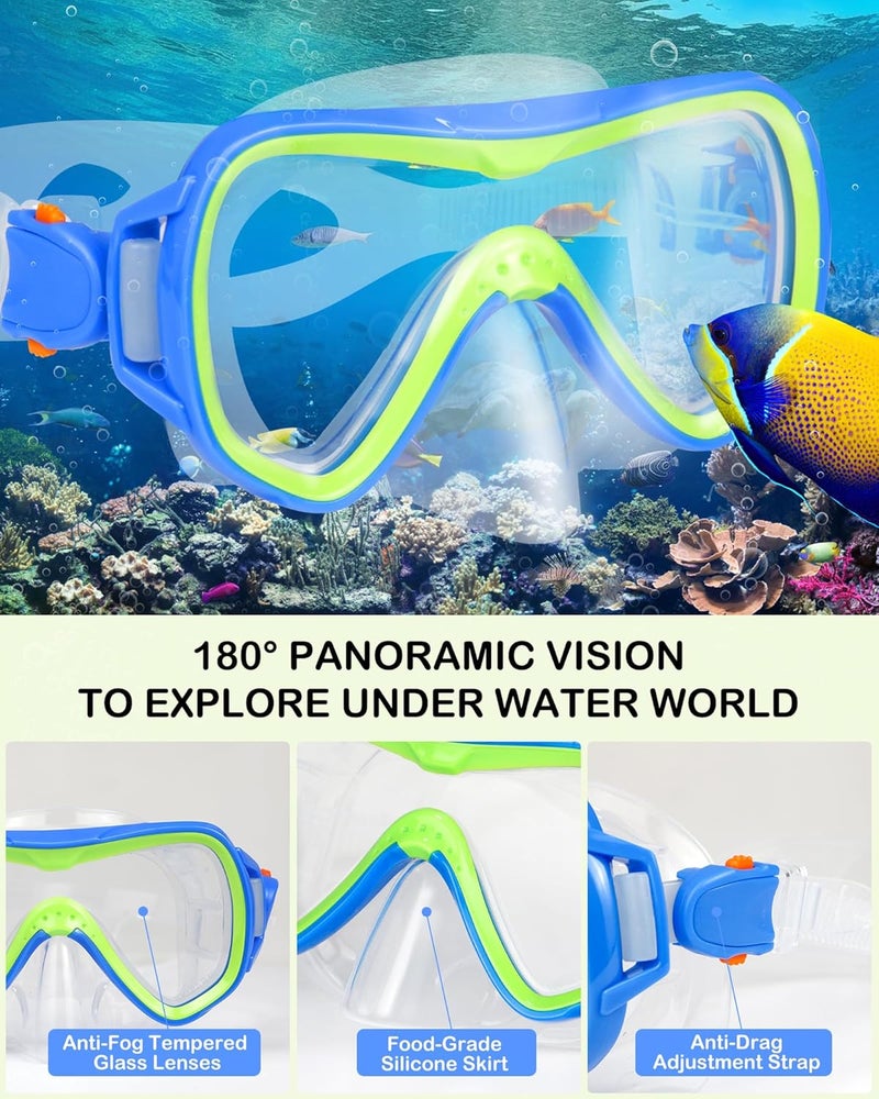 FosDero Kids Snorkel Set Mask Fins-Panoramic Snorkel Mask+Dry Top Snorkel+Adjustable Swim Fins+Mesh Bag+Earplugs for Boys Girls, Junior Snorkeling Gear for Kids Ages 5-14 - Image 3